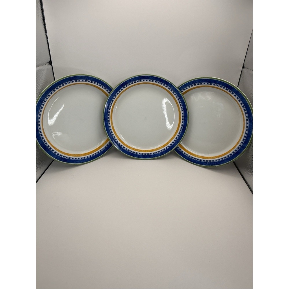 3 Dansk Bistro KOBENHAVN PATTERN Rimmed Soup Pasta Bowls Shallow Blue Gold Green